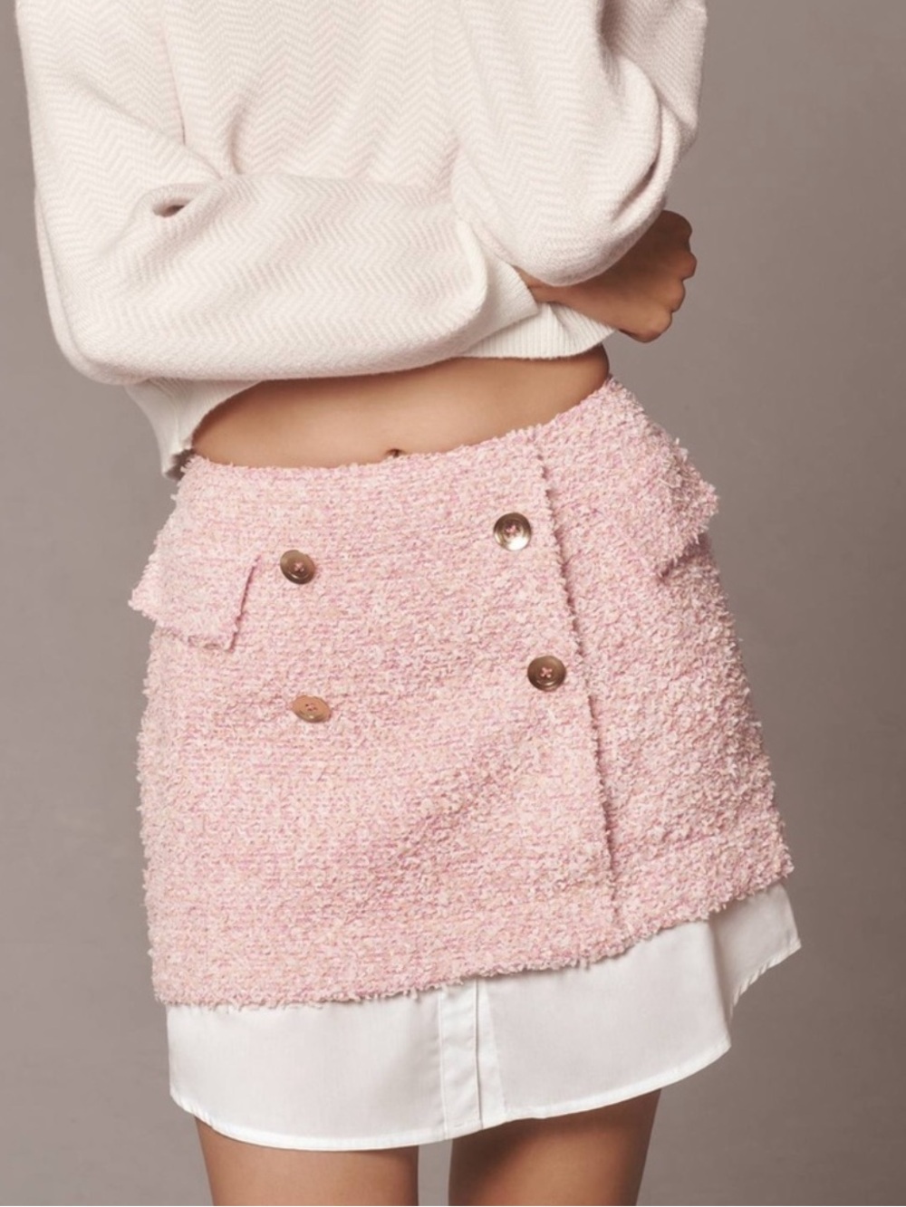 Anthropologie Pink Bouclé Double-Button Mini Skirt Size 8